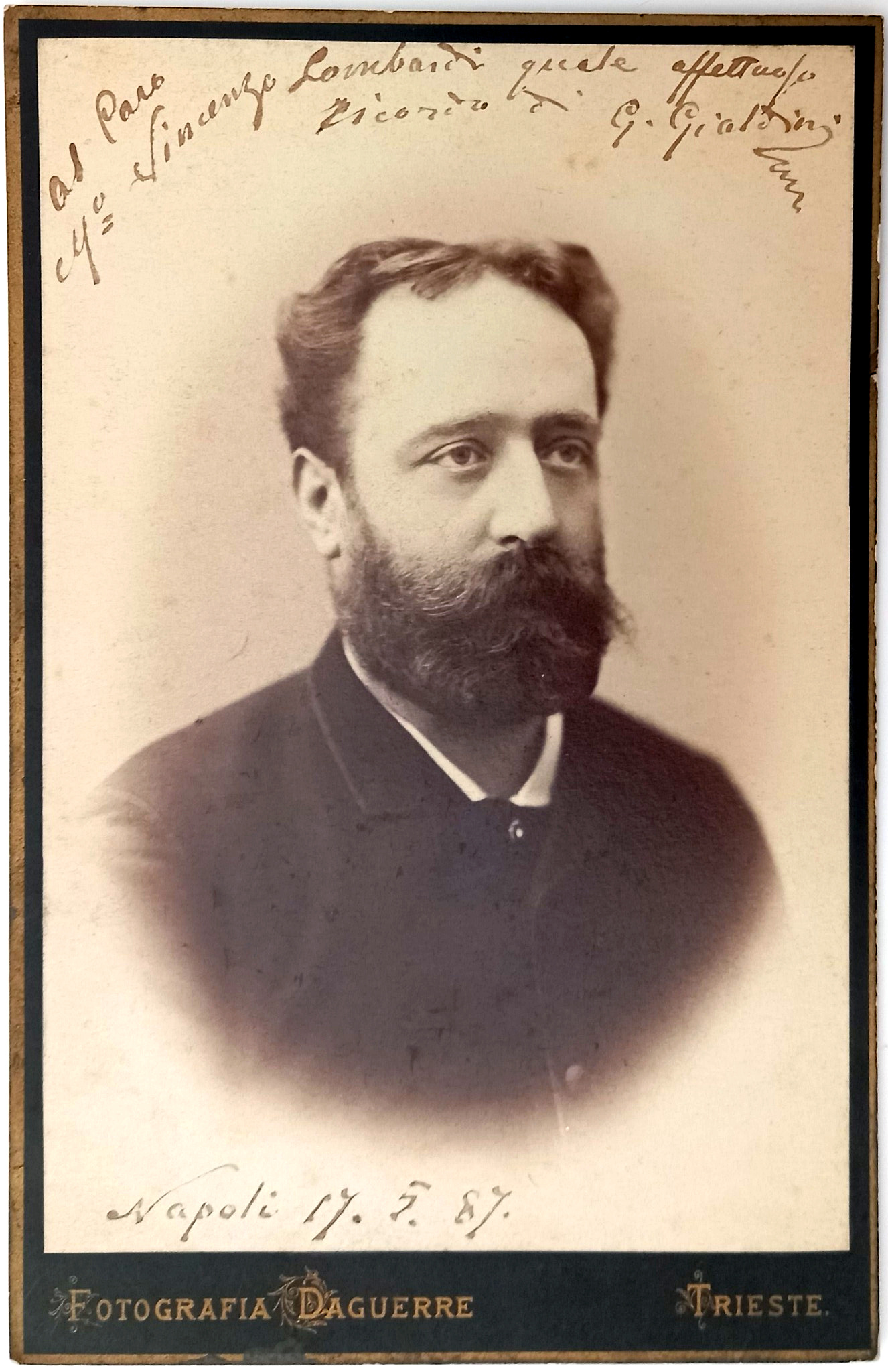Fotografia autografa di Gialdino Gialdini dedicata a Vincenzo Lombardi, Napoli 17 luglio 1887