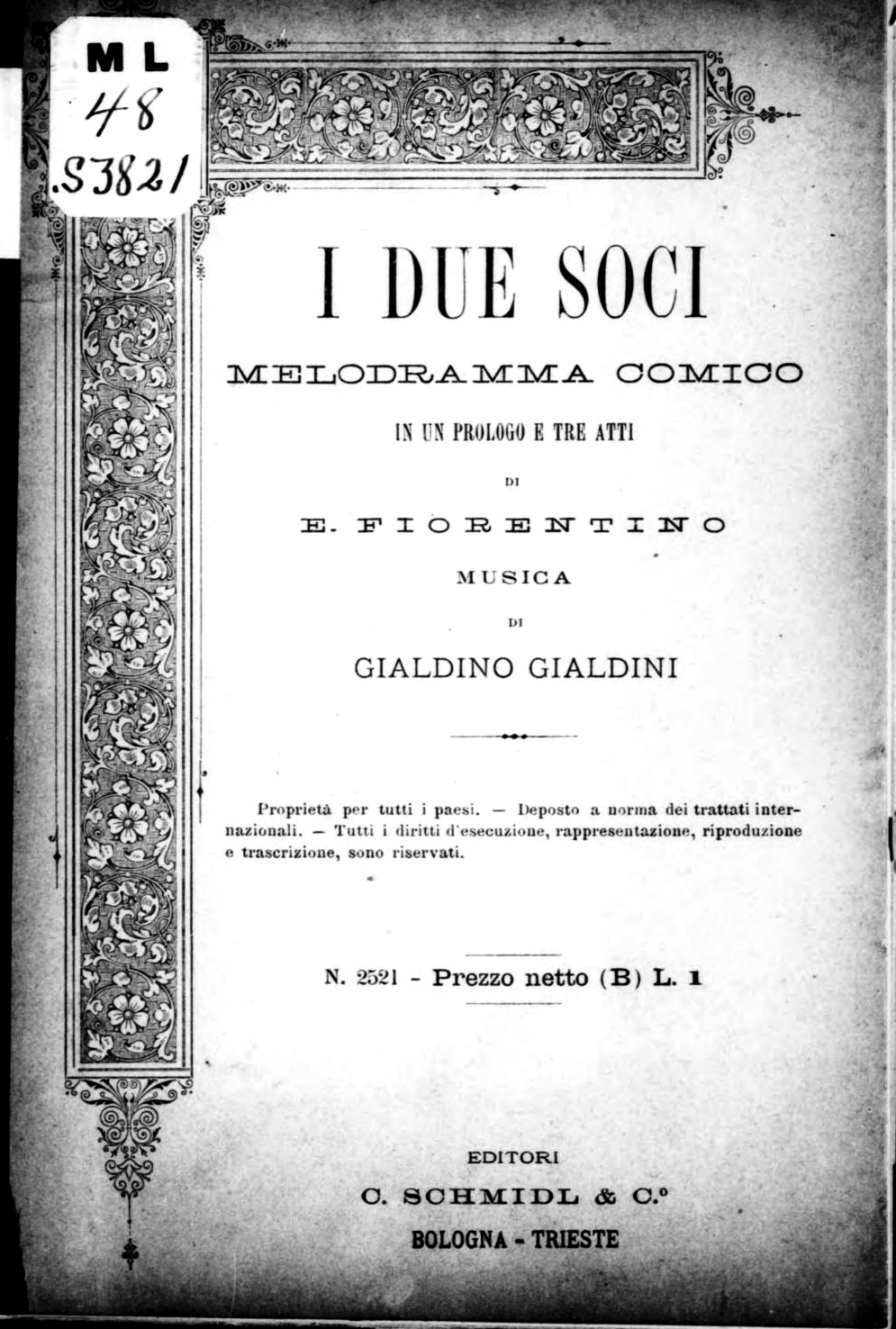 Copertina del libretto I due soci, melodramma comico, musica di Gialdino Gialdini