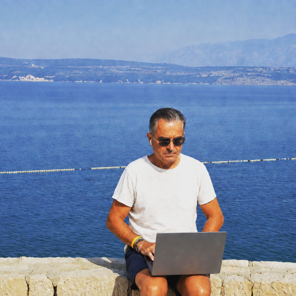 Sergio Maltagliati al computer davanti al mare