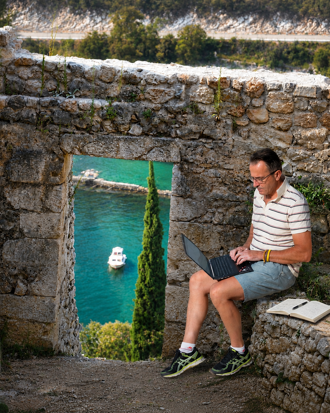 Sergio Maltagliati al lavoro con il computer tra le architetture di pietra