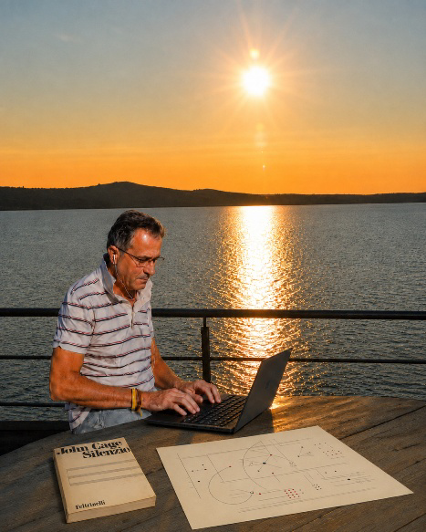 Sergio Maltagliati al computer al tramonto, con un libro su John Cage e una partitura grafica