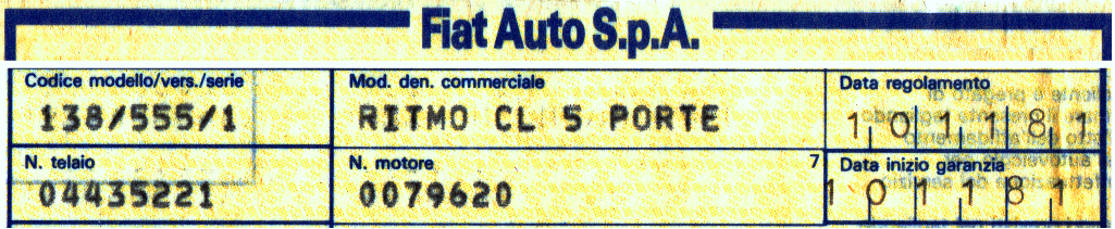 Dati identificativi Fiat Ritmo