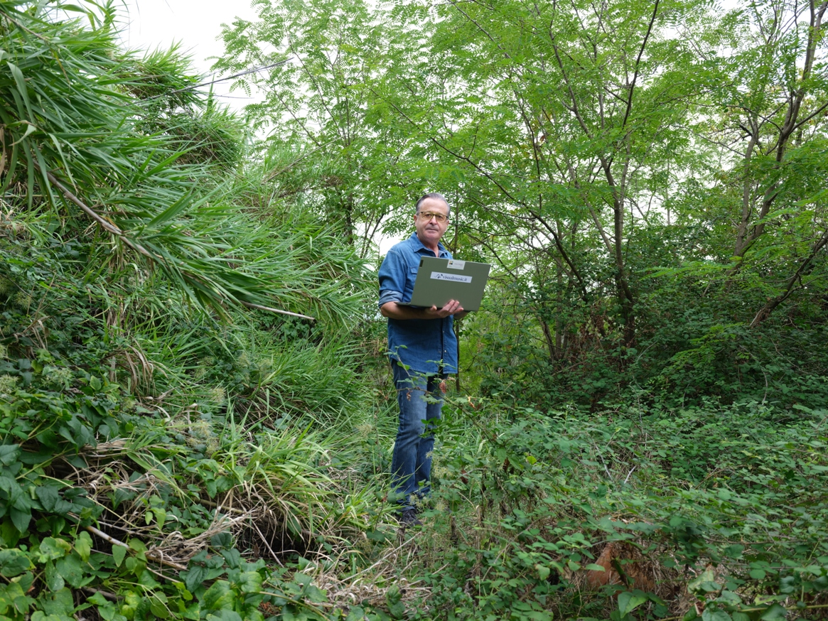 Computer nel verde fitto del giardino di Villa Rondinelli